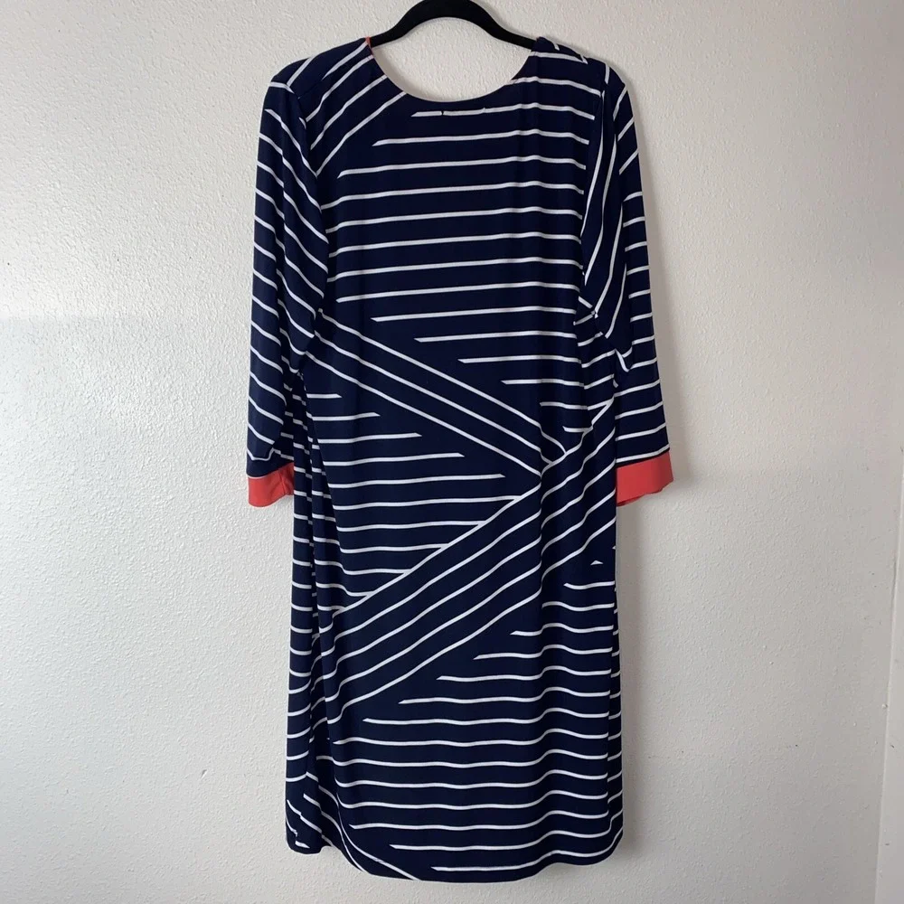 TIANA B Ladies 14 W Navy/ White Striped Coral Accents Fit & Flare Nautical Dress